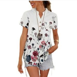 NXH White Floral Camp short sleeve‎ One Pocket Blouse. Size XL but fits M-L best
